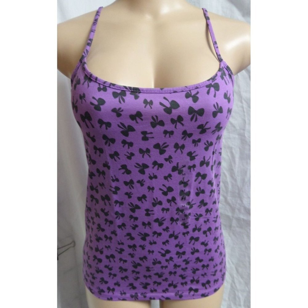 "LOFT" PURPLE BOW NOVELTY PRINT SPAGHETTI STRAPS  CAMISOLE TANK TOP BLOUSE L NWT